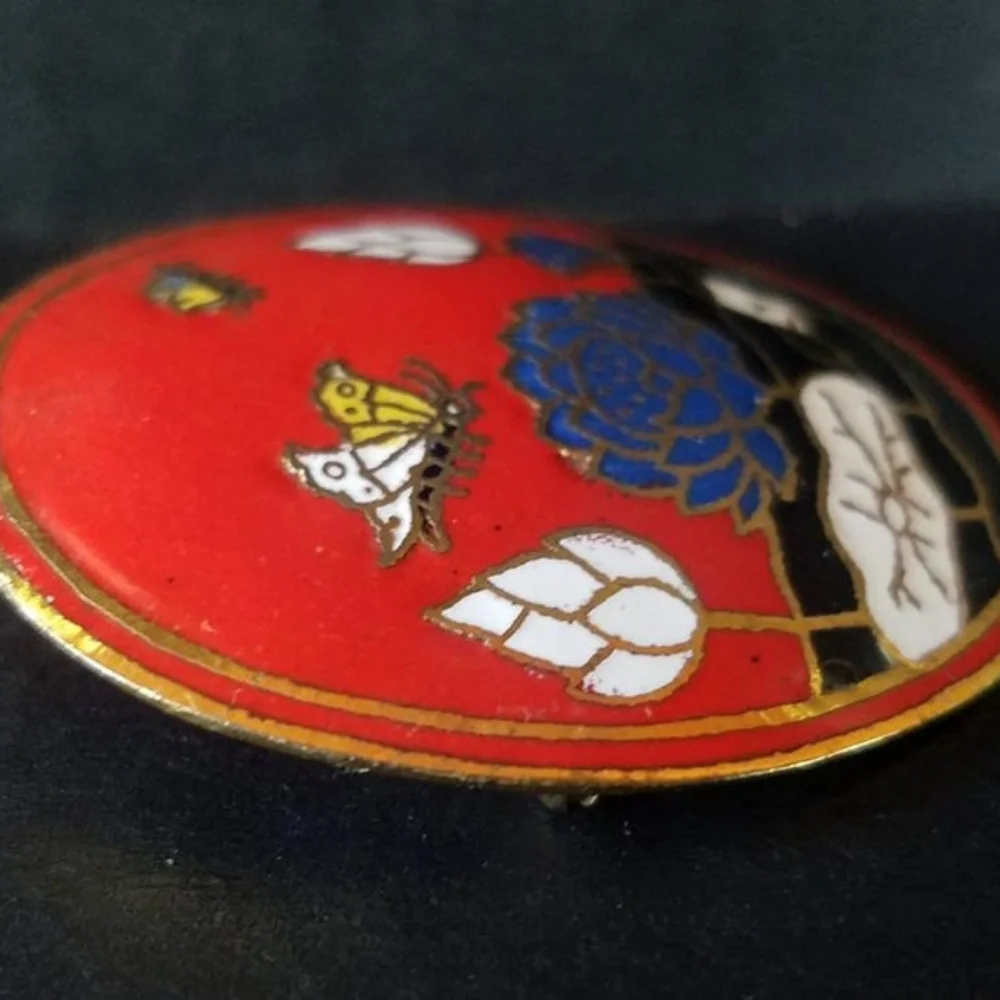 Cloisonne Butterfly and Flower Brooch